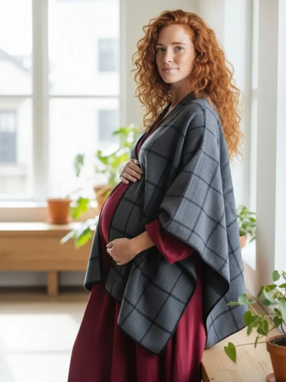 Ike Behar Grey Plaid Reversible Poncho Sherpa Wrap One Size Cozycore Loungewear